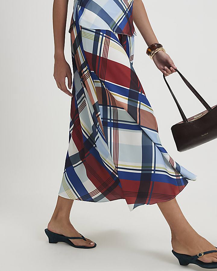 Blue Satin Check Maxi Skirt