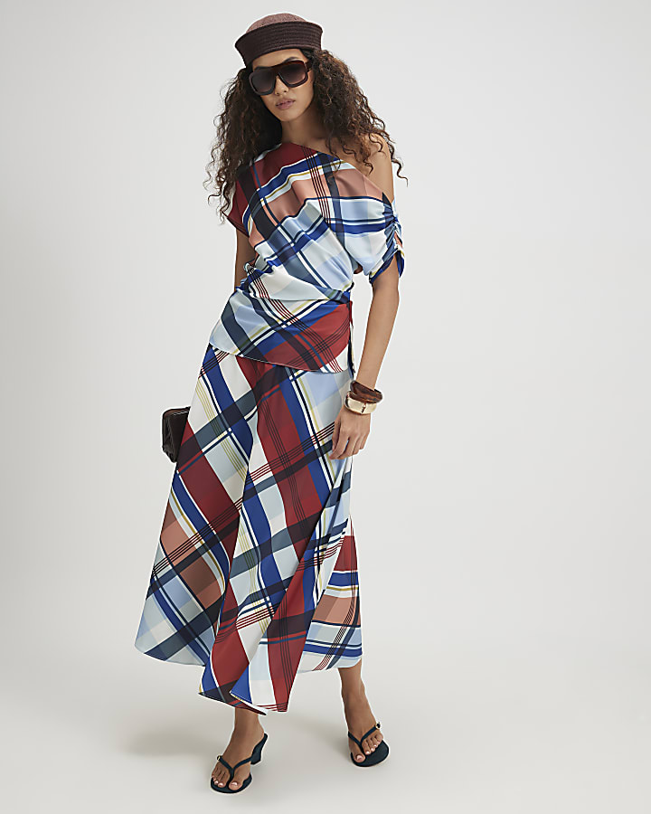 Blue Satin Check Maxi Skirt