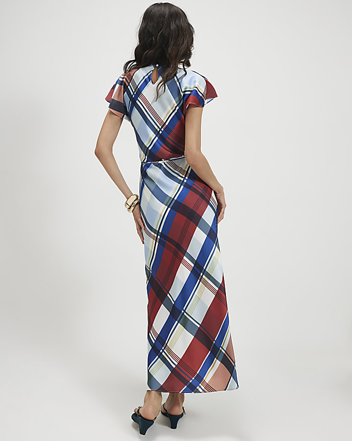Blue Satin Check Print Maxi Dress