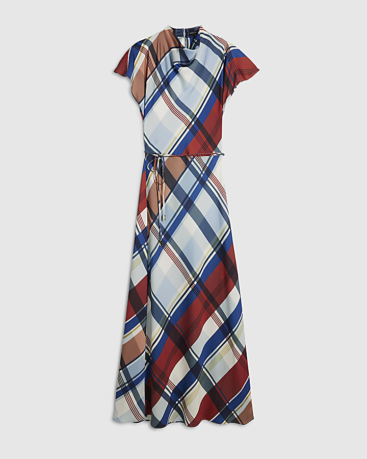 Blue Satin Check Print Maxi Dress