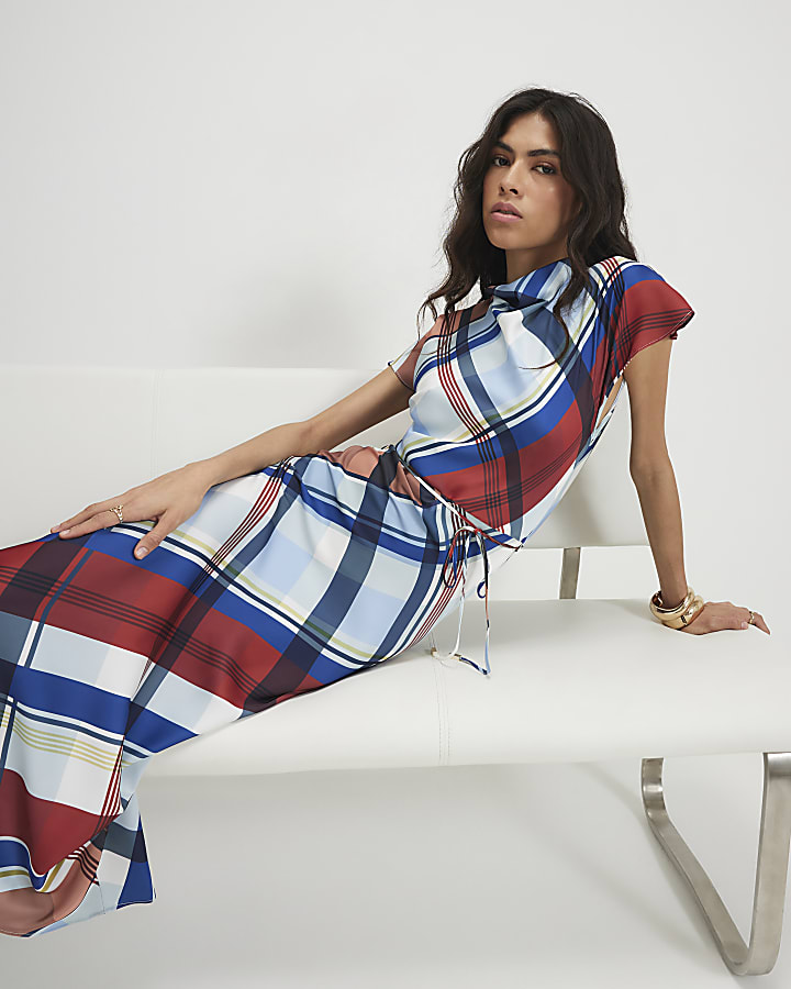 Blue Satin Check Print Maxi Dress