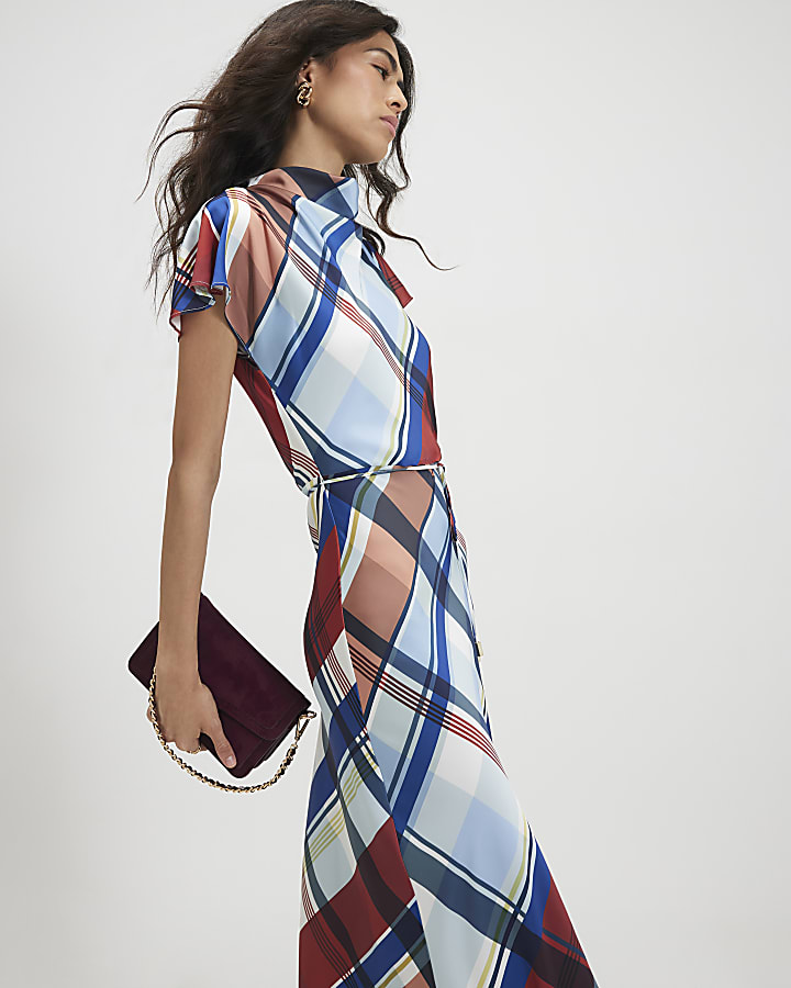 Blue Satin Check Print Maxi Dress