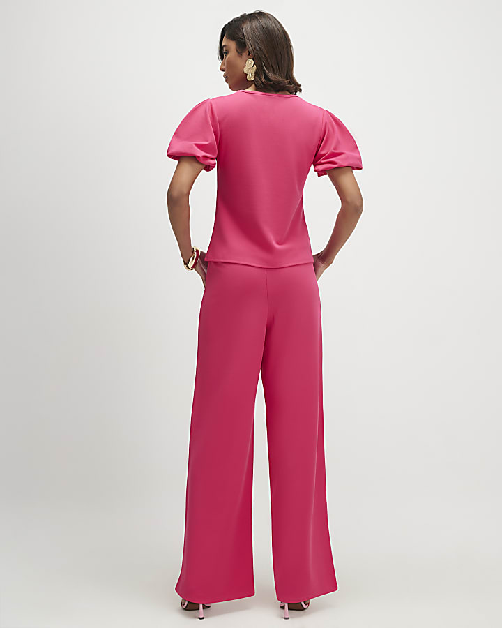 Pink Pintuck Front Wide Leg Trousers