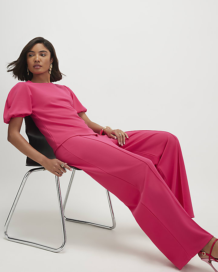Pink Pintuck Front Wide Leg Trousers