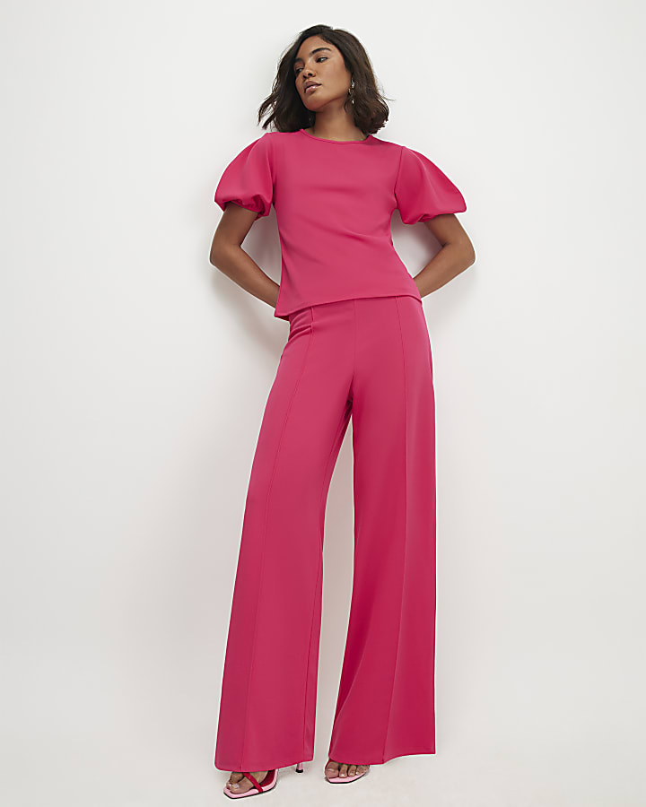 Pink Pintuck Front Wide Leg Trousers