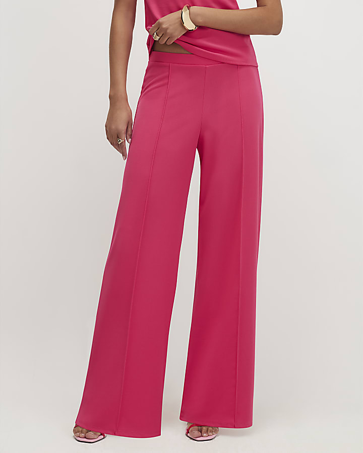 Pink Pintuck Front Wide Leg Trousers