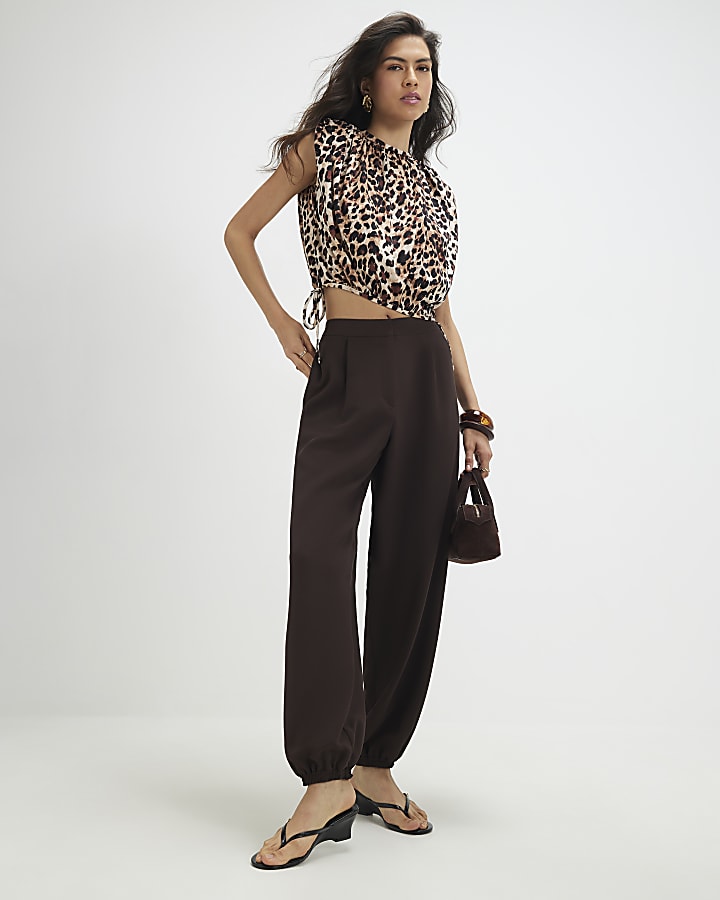 Brown Cotton Leopard Print Bubble Hem T-Shirt