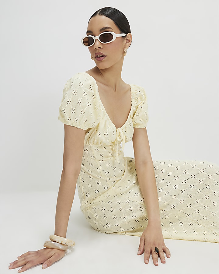 Yellow Broderie Midi Dress
