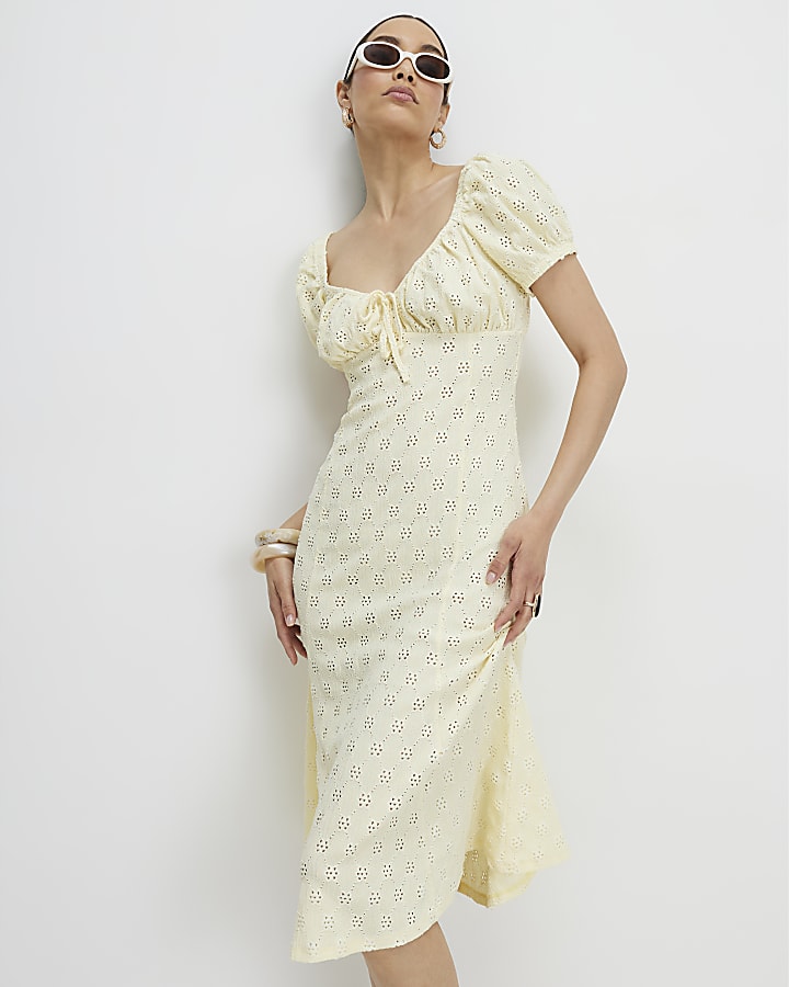 Yellow Broderie Midi Dress