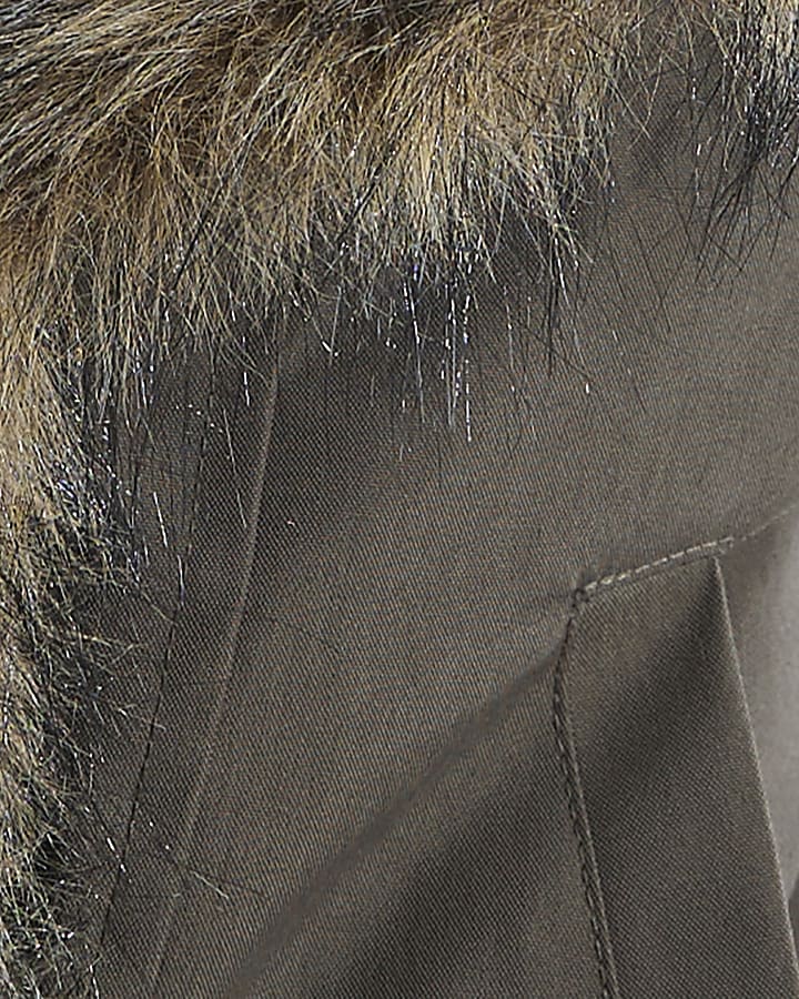 Khaki Faux Fur Shawl Hood Belted Jacket
