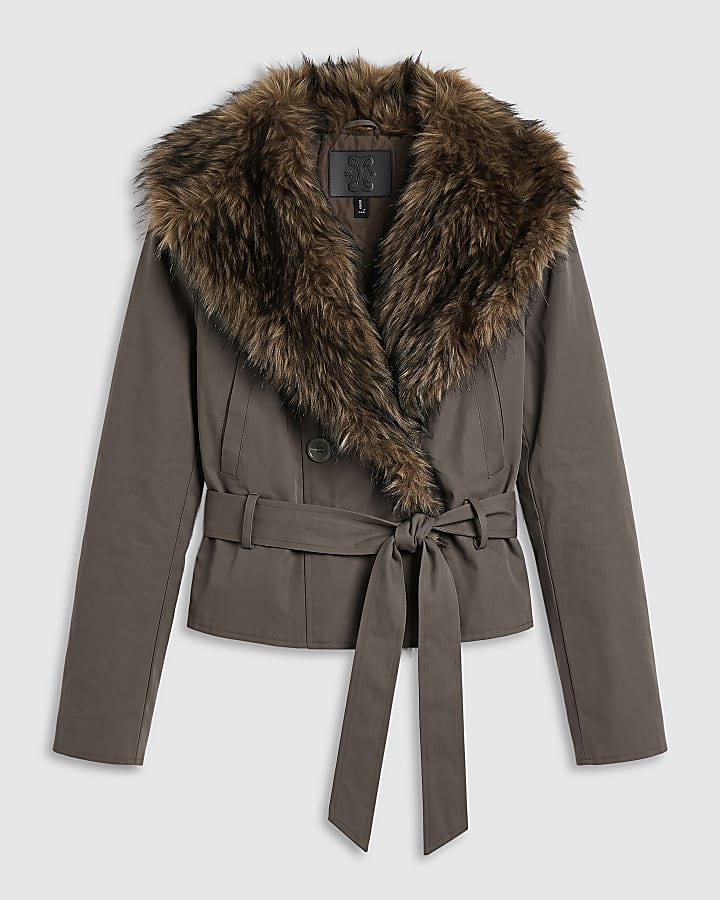 Khaki Faux Fur Shawl Hood Belted Jacket
