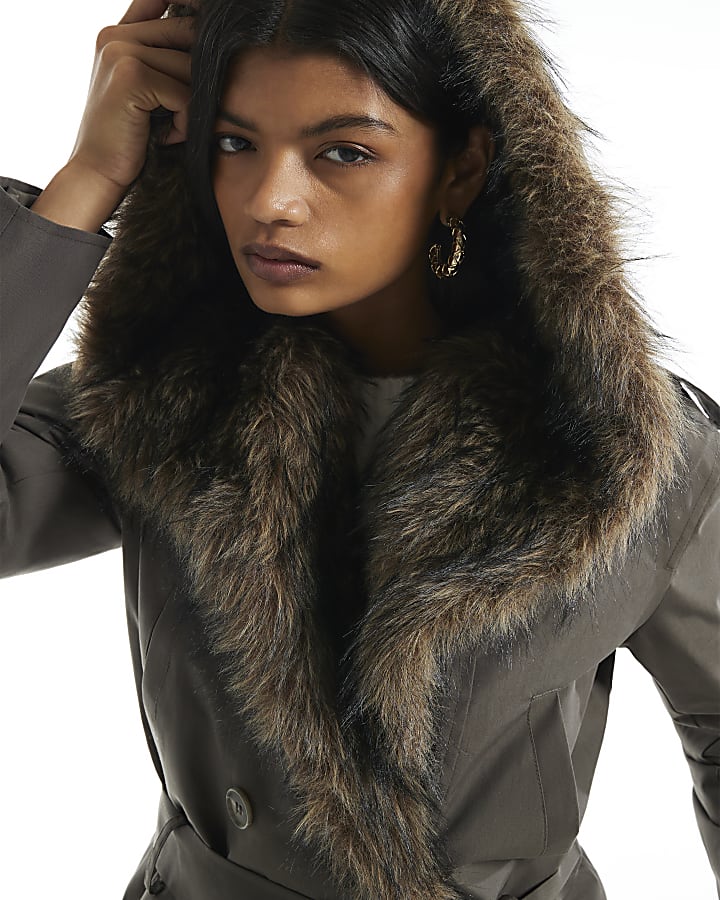 Khaki Fur Shawl Hood Belted Jacket