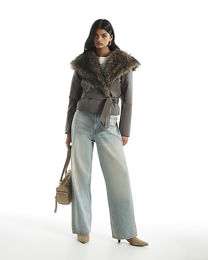 Khaki Fur Shawl Hood Belted Jacket