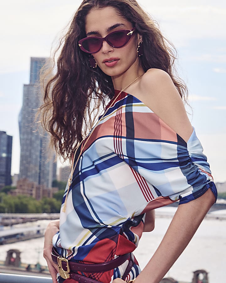 Blue Check Satin Blouse