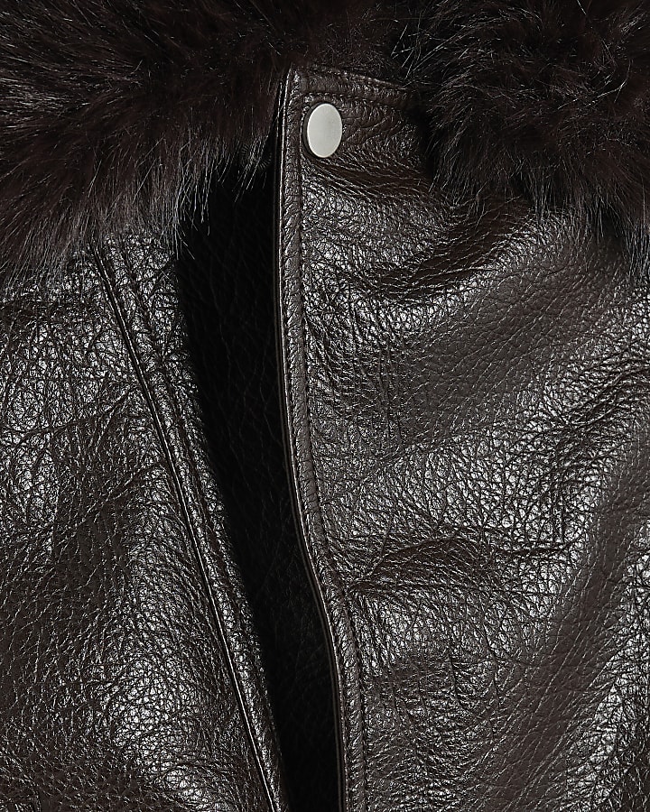 Brown Faux Leather Faux Fur Collar Jacket