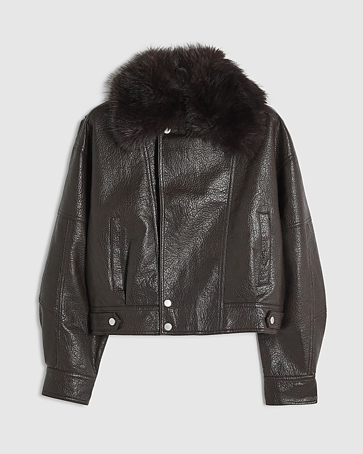 Brown Faux Leather Faux Fur Collar Jacket
