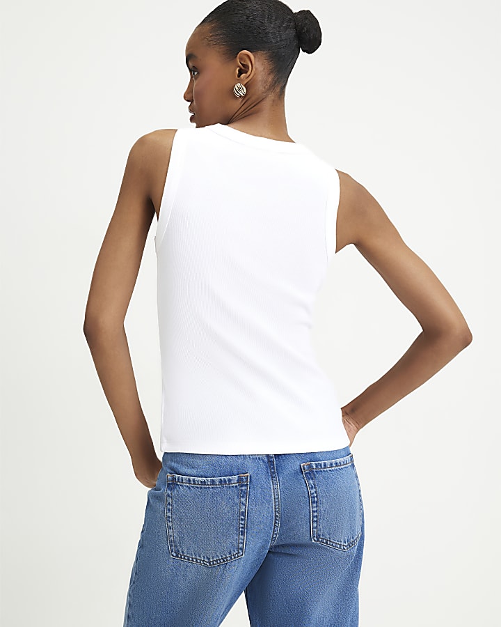 White Cotton Blend Gold Button Tank Top