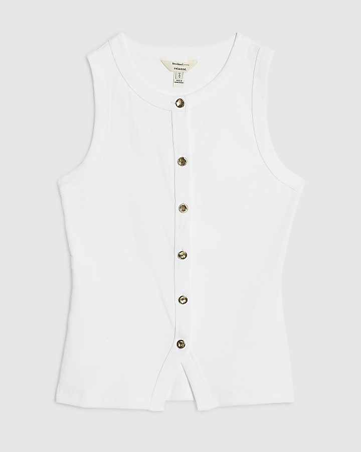 White Cotton Blend Gold Button Tank Top