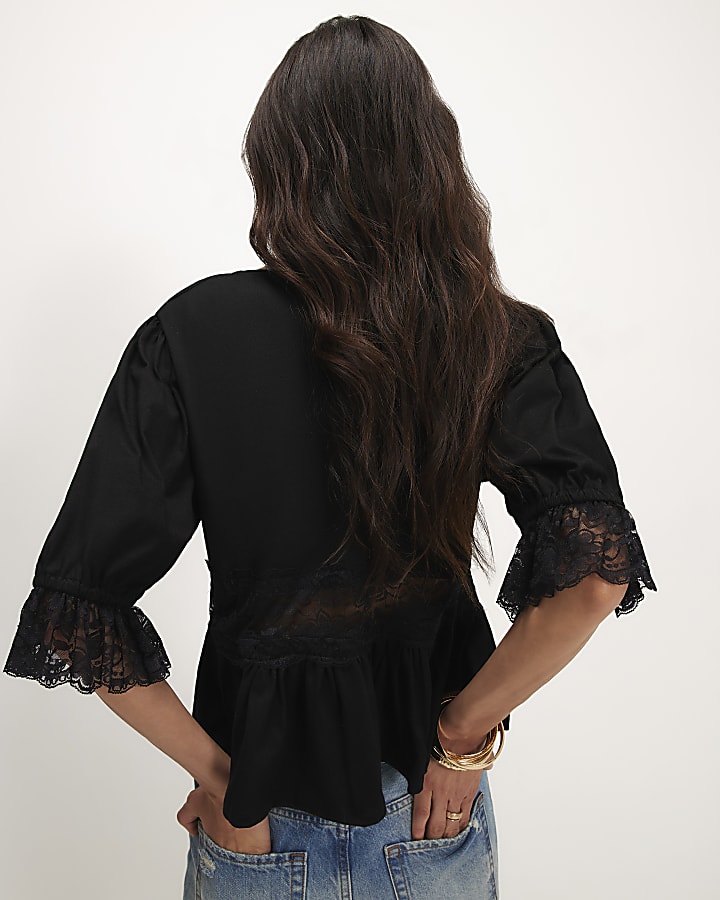 Black Lace Trim Tie Front Blouse