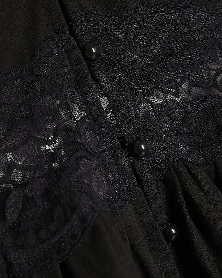 Black Lace Trim Tie Front Blouse