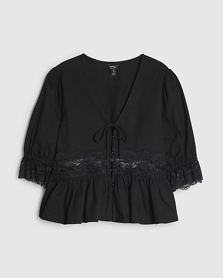 Black Lace Trim Tie Front Blouse