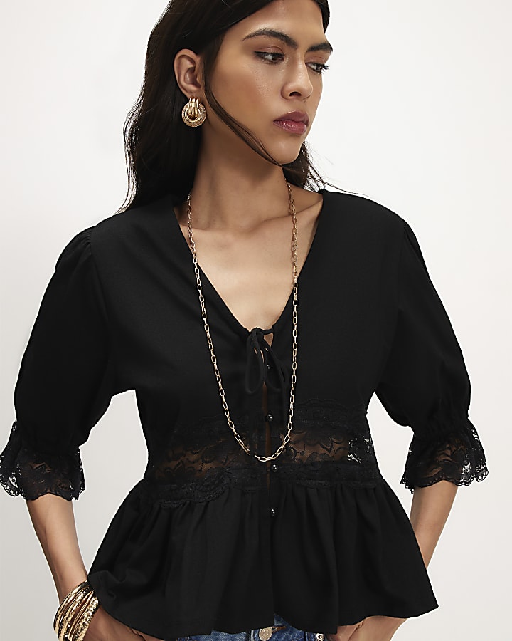 Black Lace Trim Tie Front Blouse