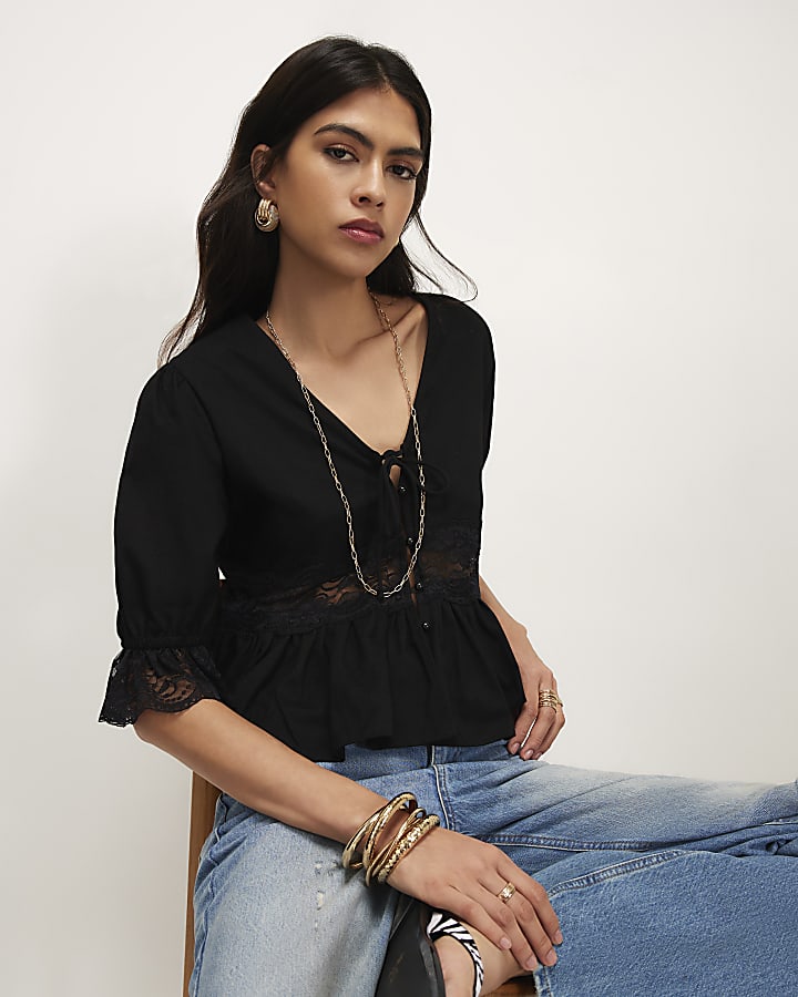 Black Lace Trim Tie Front Blouse