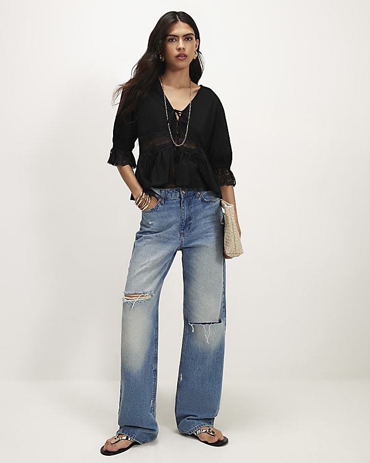 Black Lace Trim Tie Front Blouse