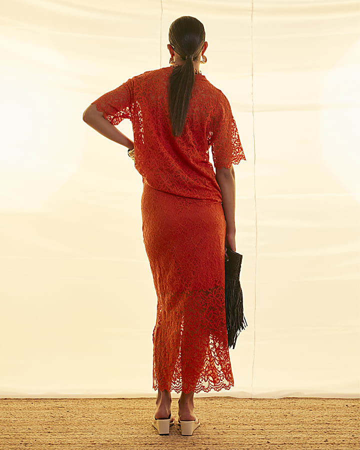 Orange Cotton Blend Lace Midi Skirt