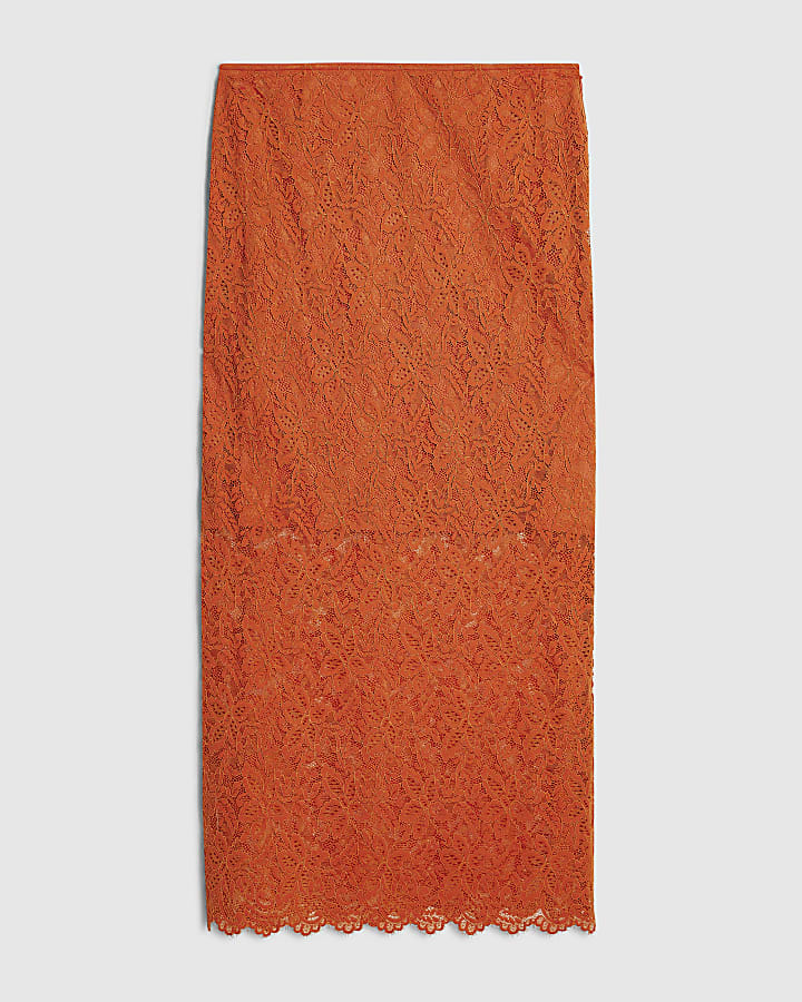Orange Cotton Blend Lace Midi Skirt