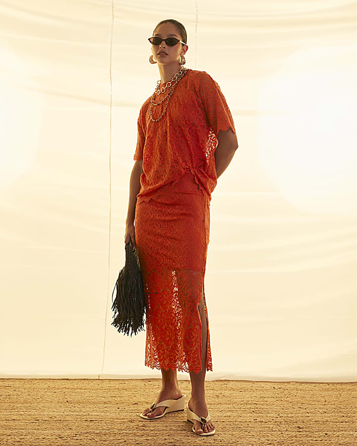 Orange Cotton Blend Lace Midi Skirt