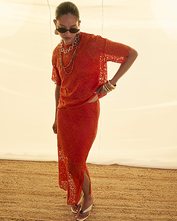 Orange Cotton Blend Lace Midi Skirt