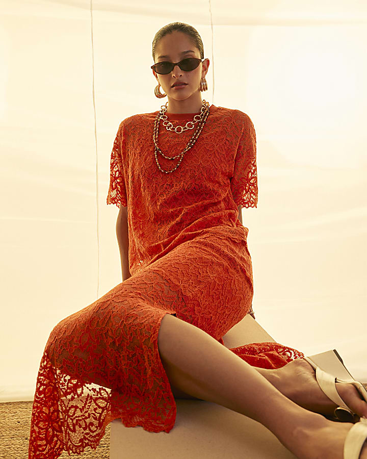 Orange Cotton Blend Lace Midi Skirt
