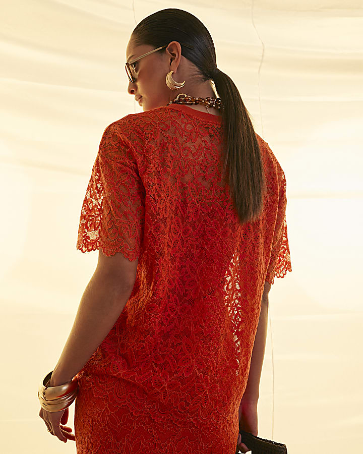 Orange Cotton Blend Short Sleeve Lace T-shirt