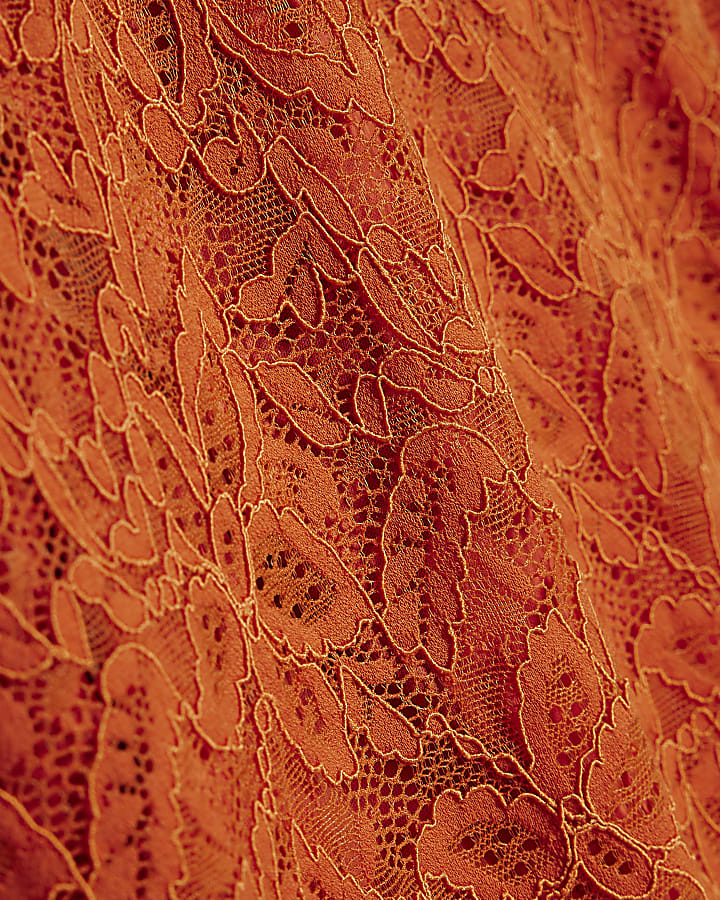Orange Cotton Blend Short Sleeve Lace T-shirt