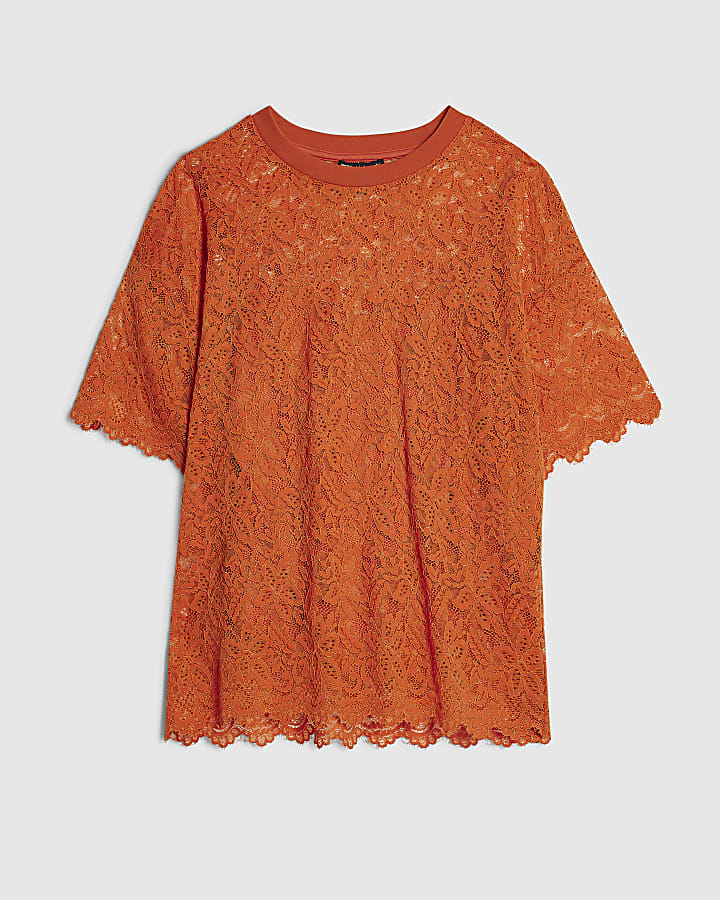 Orange Cotton Blend Short Sleeve Lace T-shirt
