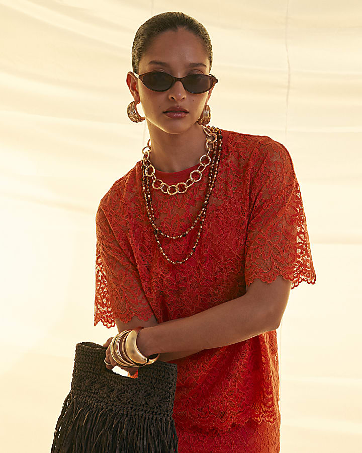 Orange Cotton Blend Short Sleeve Lace T-shirt