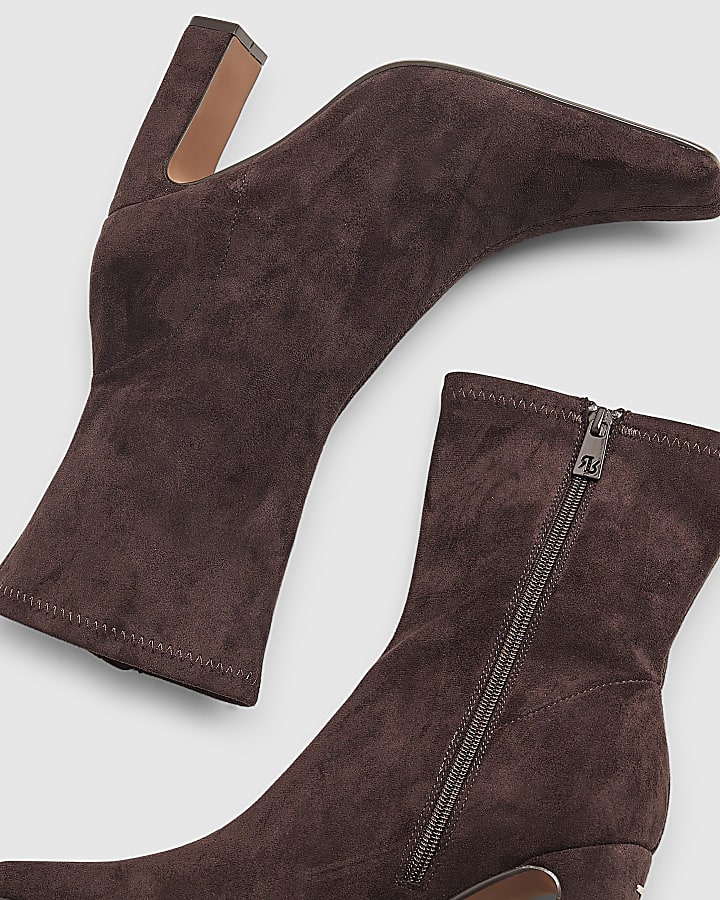 Brown Square Toe Heeled Stretch Ankle Boots