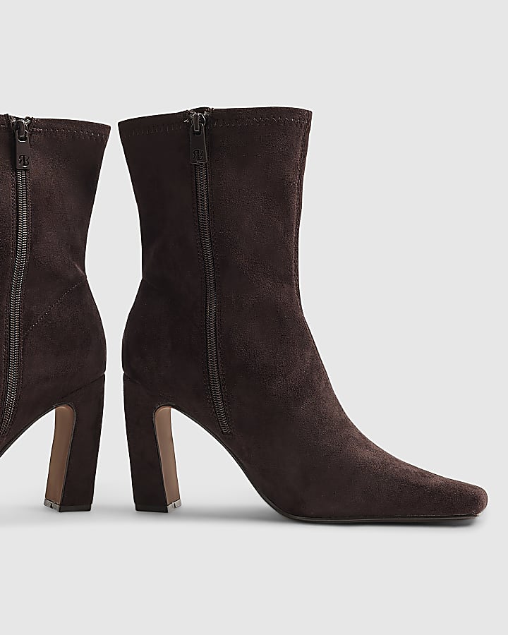 Brown Square Toe Heeled Stretch Ankle Boots