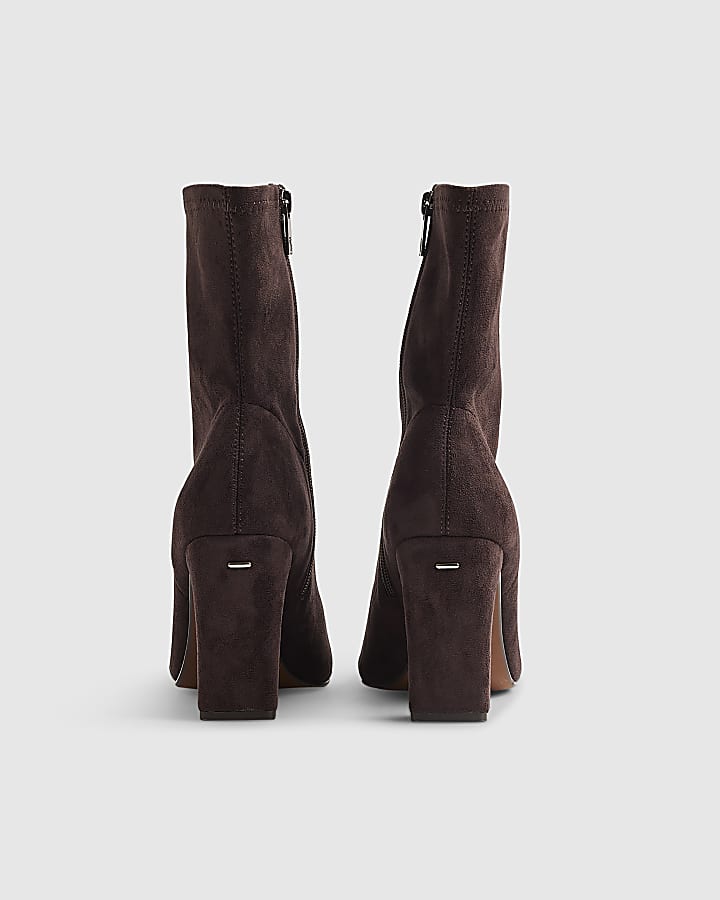 Brown Square Toe Heeled Stretch Ankle Boots