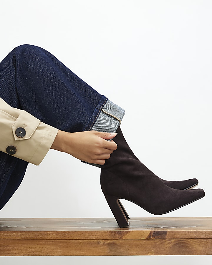 Brown Square Toe Heeled Stretch Ankle Boots