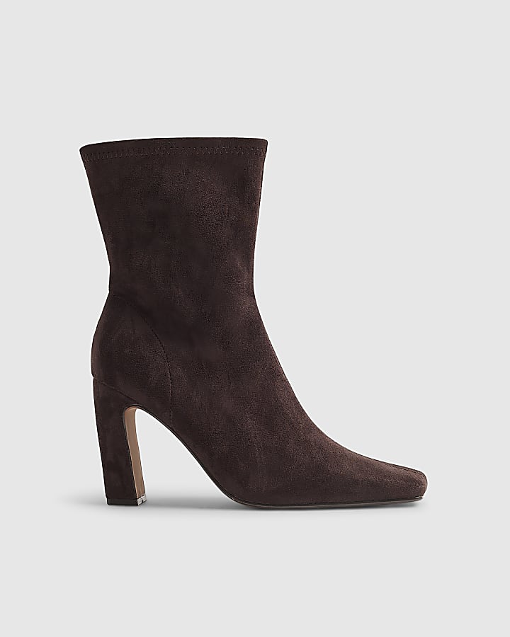 Brown Square Toe Heeled Stretch Ankle Boots