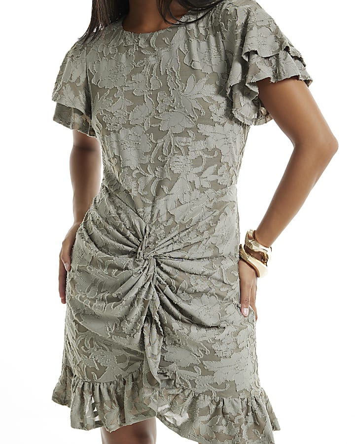 Petite Khaki Burnout Angel Sleeve Mini Dress