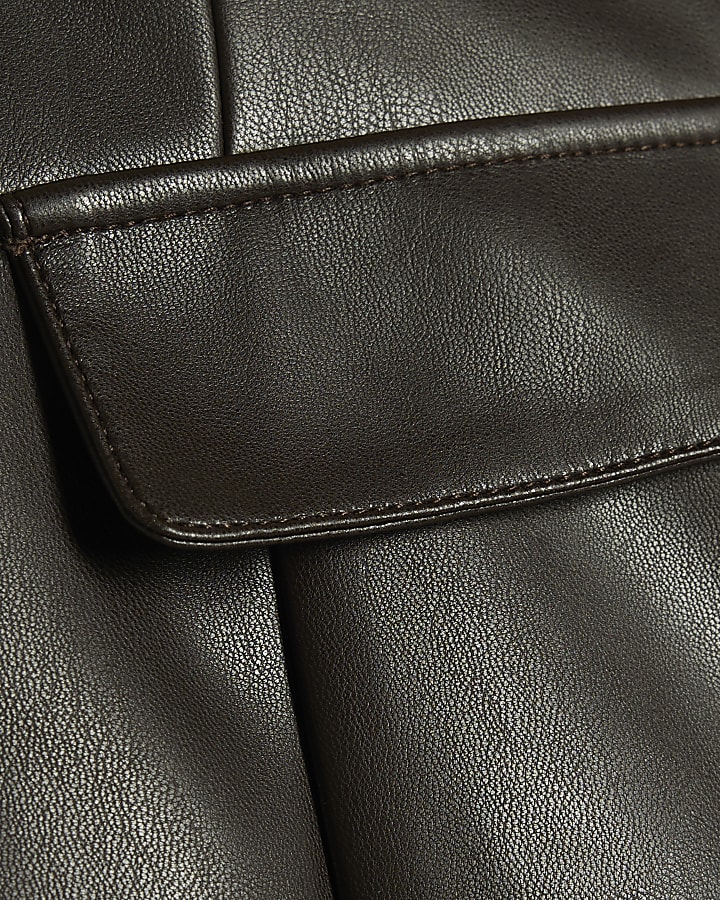 Brown Faux Leather Pocket Detail Mini Skirt