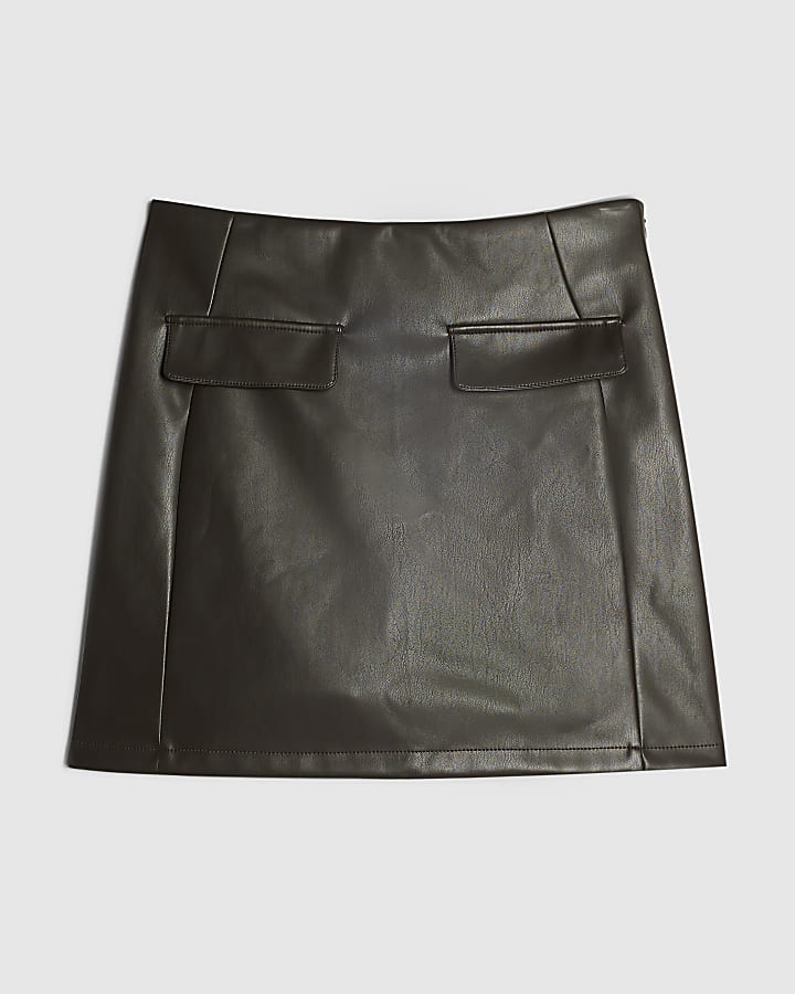 Brown Faux Leather Pocket Detail Mini Skirt