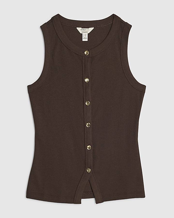Brown Cotton Blend Gold Button Tank Top