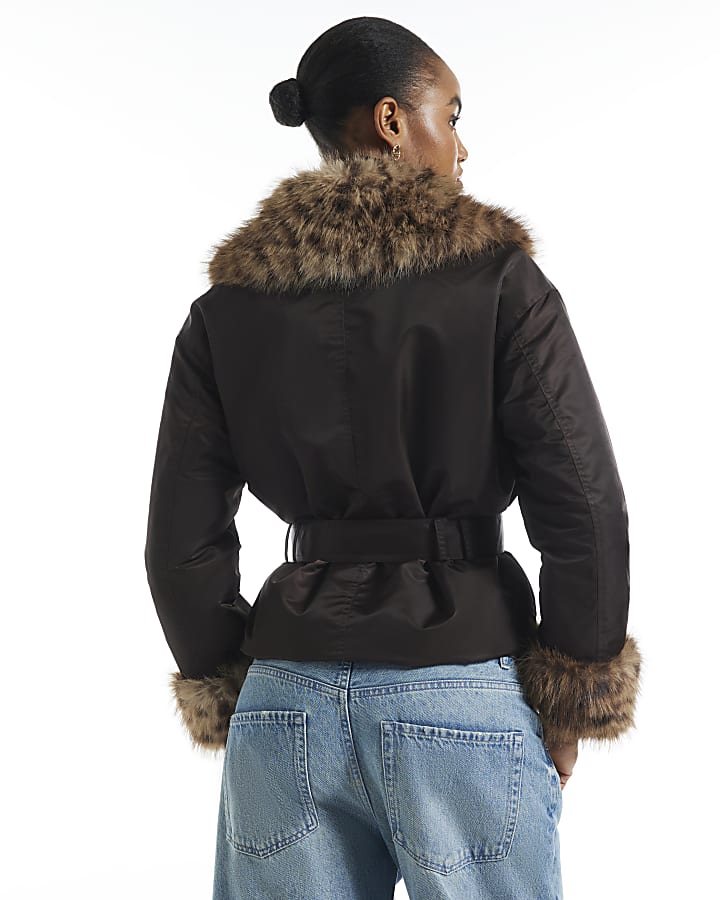 Brown Faux Fur Collar Belted Jacket 