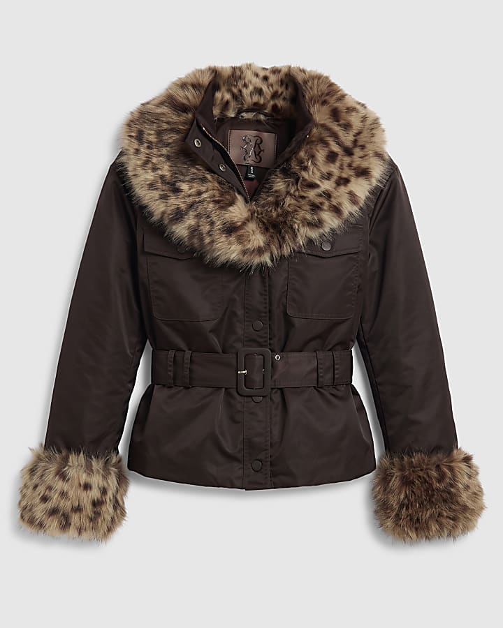 Brown Faux Fur Collar Belted Jacket 
