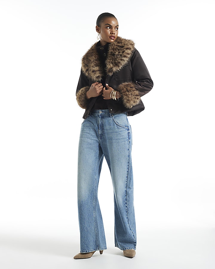 Brown Faux Fur Collar Belted Jacket 