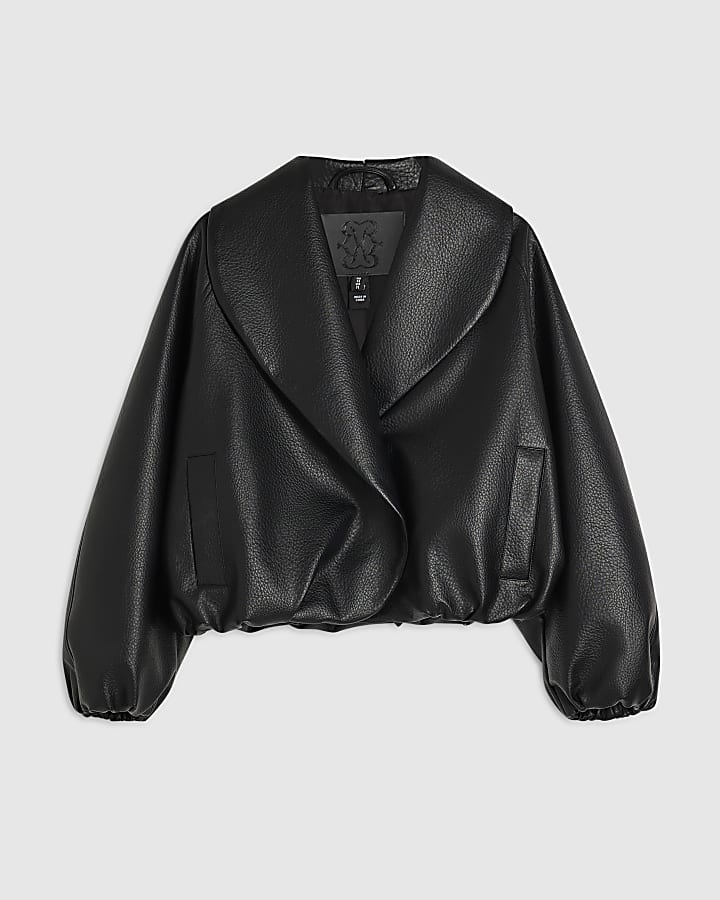 Black Faux Leather Shawl Collar Bomber Jacket